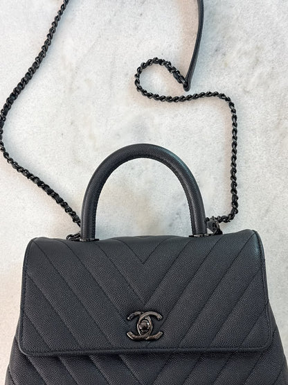BLACK CHEVRON CAVIAR LEATHER MINI SO BLACK COCO TOP HANDLE BAG