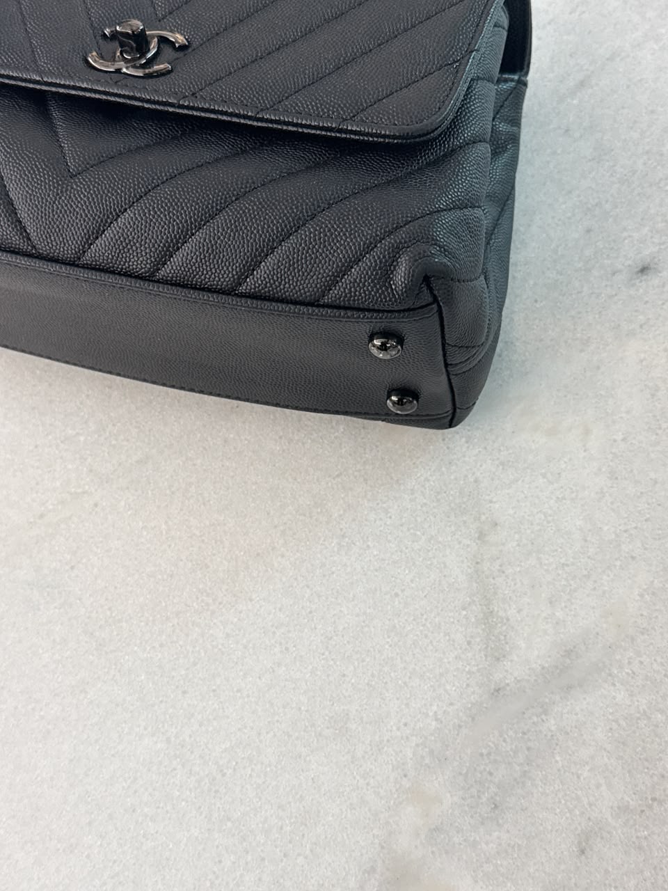 BLACK CHEVRON CAVIAR LEATHER MINI SO BLACK COCO TOP HANDLE BAG