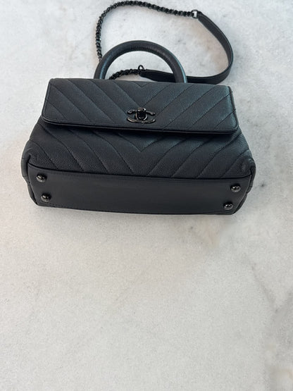 BLACK CHEVRON CAVIAR LEATHER MINI SO BLACK COCO TOP HANDLE BAG