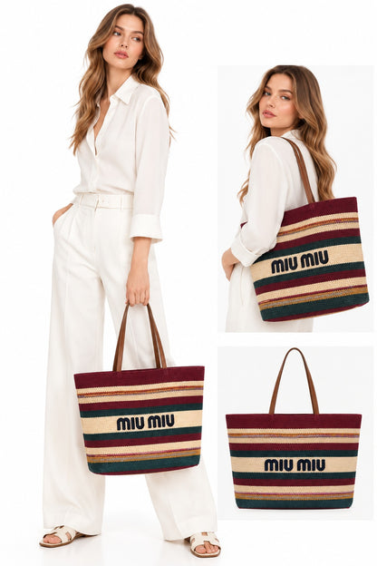 MULTICOLOR STRIPED WOVEN RAFFIA-EFFECT TOTE BAG