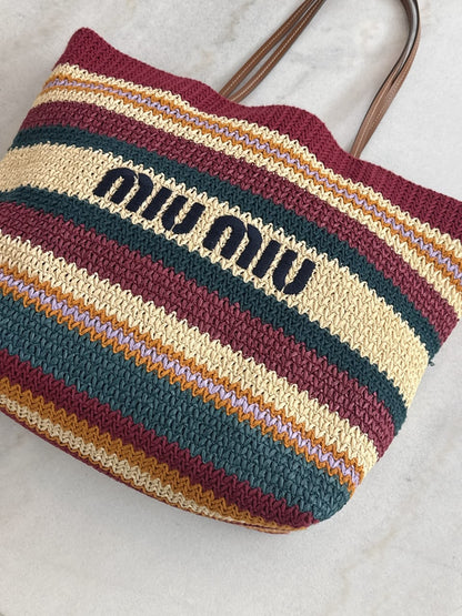 MULTICOLOR STRIPED WOVEN RAFFIA-EFFECT TOTE BAG