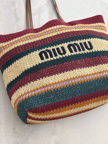 MULTICOLOR STRIPED WOVEN RAFFIA-EFFECT TOTE BAG