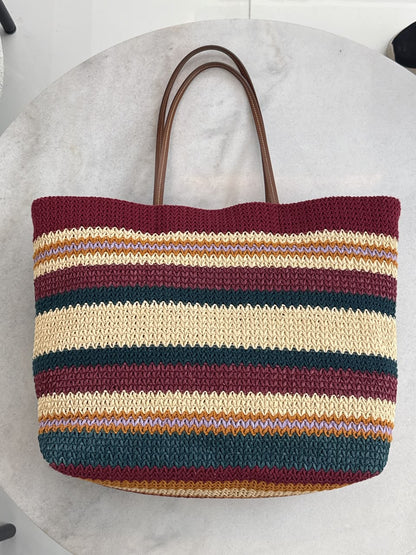 MULTICOLOR STRIPED WOVEN RAFFIA-EFFECT TOTE BAG