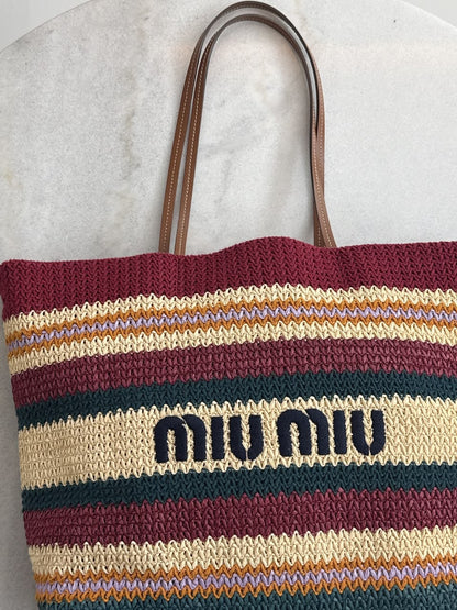 MULTICOLOR STRIPED WOVEN RAFFIA-EFFECT TOTE BAG