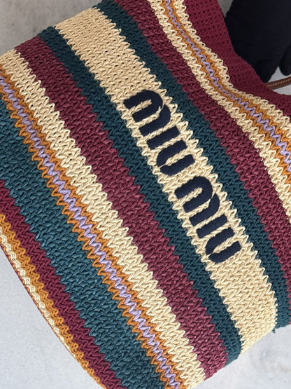 MULTICOLOR STRIPED WOVEN RAFFIA-EFFECT TOTE BAG