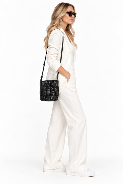 BLACK PLISSE INTRECCIATO LEATHER SMALL CASSETTE BUCKET BAG