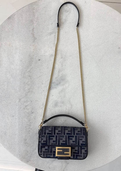 DARK BLUE DENIM EFFECT JACQUARD FF PRINT BAGUETTE  MINI BAG