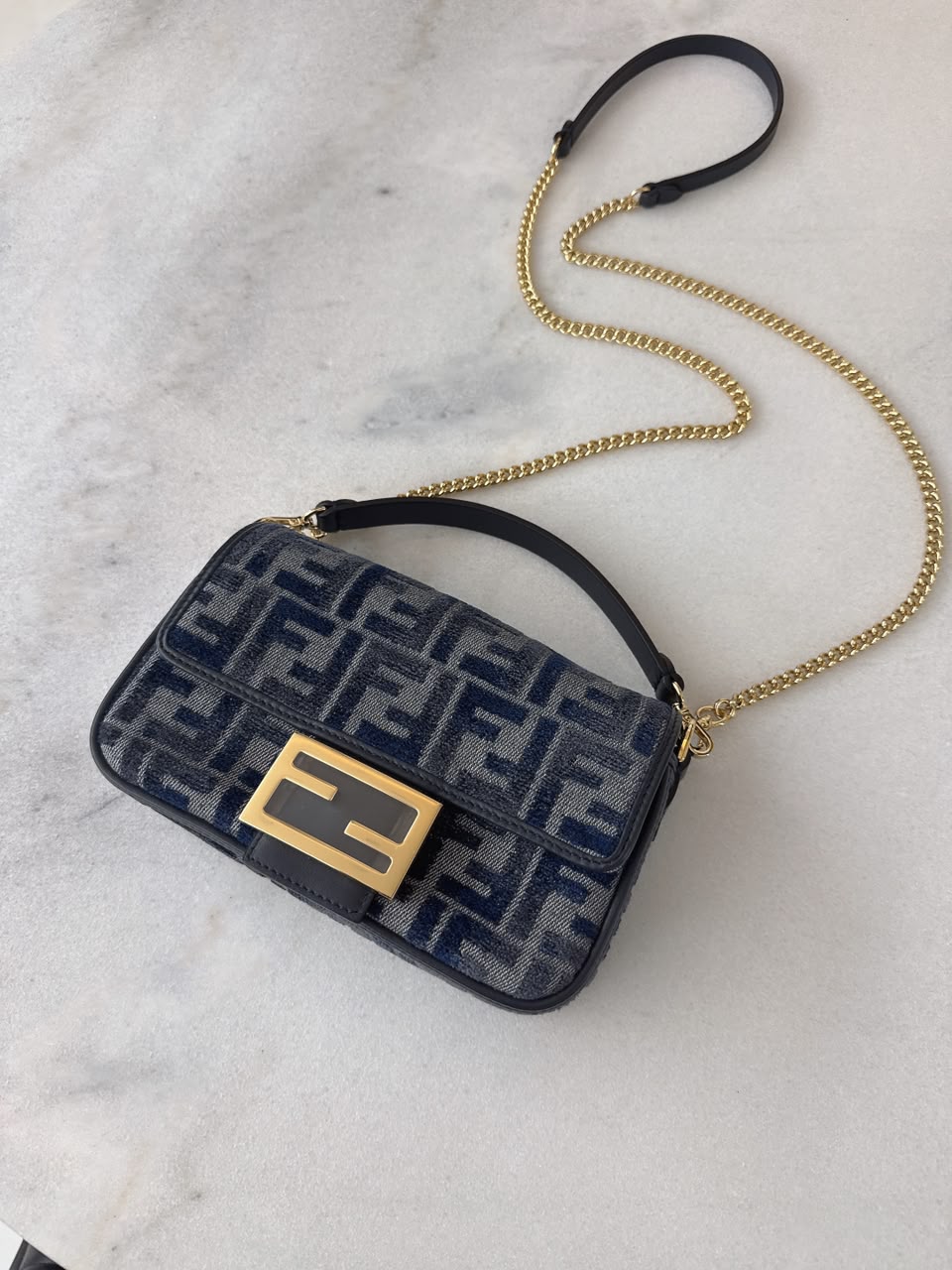 DARK BLUE DENIM EFFECT JACQUARD FF PRINT BAGUETTE  MINI BAG