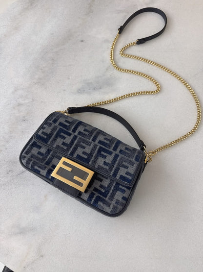 DARK BLUE DENIM EFFECT JACQUARD FF PRINT BAGUETTE  MINI BAG