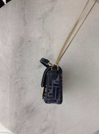 DARK BLUE DENIM EFFECT JACQUARD FF PRINT BAGUETTE  MINI BAG