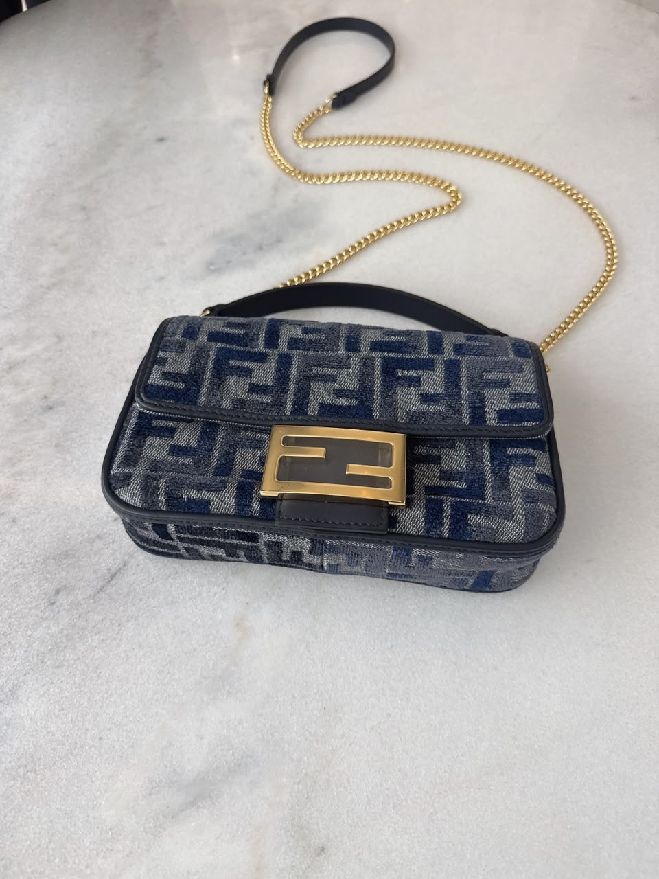 DARK BLUE DENIM EFFECT JACQUARD FF PRINT BAGUETTE  MINI BAG