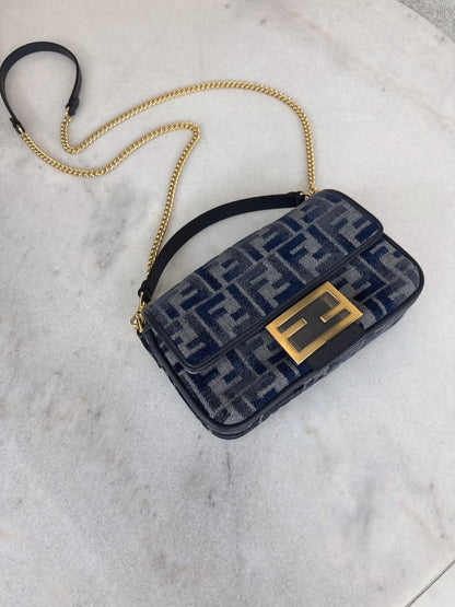 DARK BLUE DENIM EFFECT JACQUARD FF PRINT BAGUETTE  MINI BAG