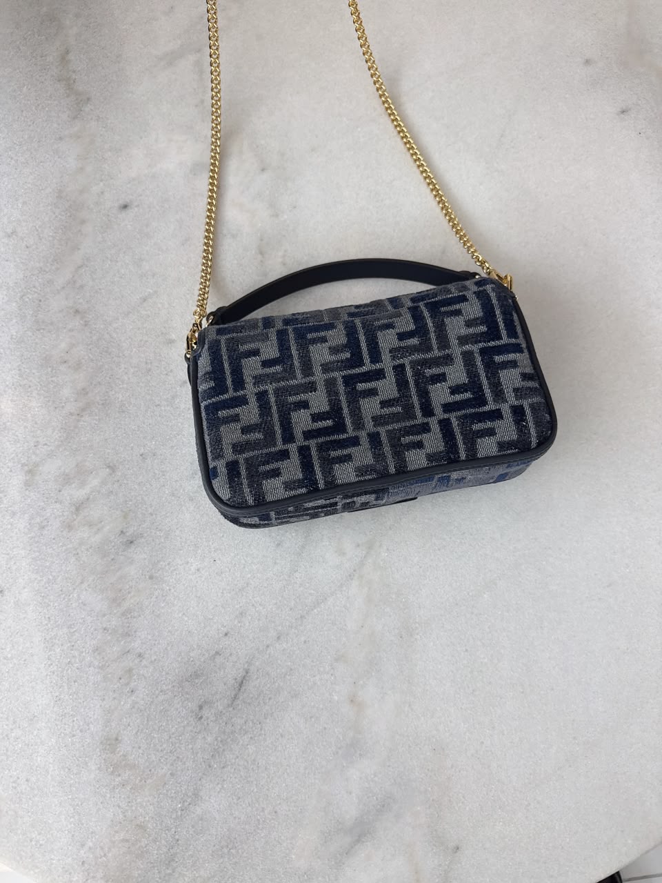 DARK BLUE DENIM EFFECT JACQUARD FF PRINT BAGUETTE  MINI BAG