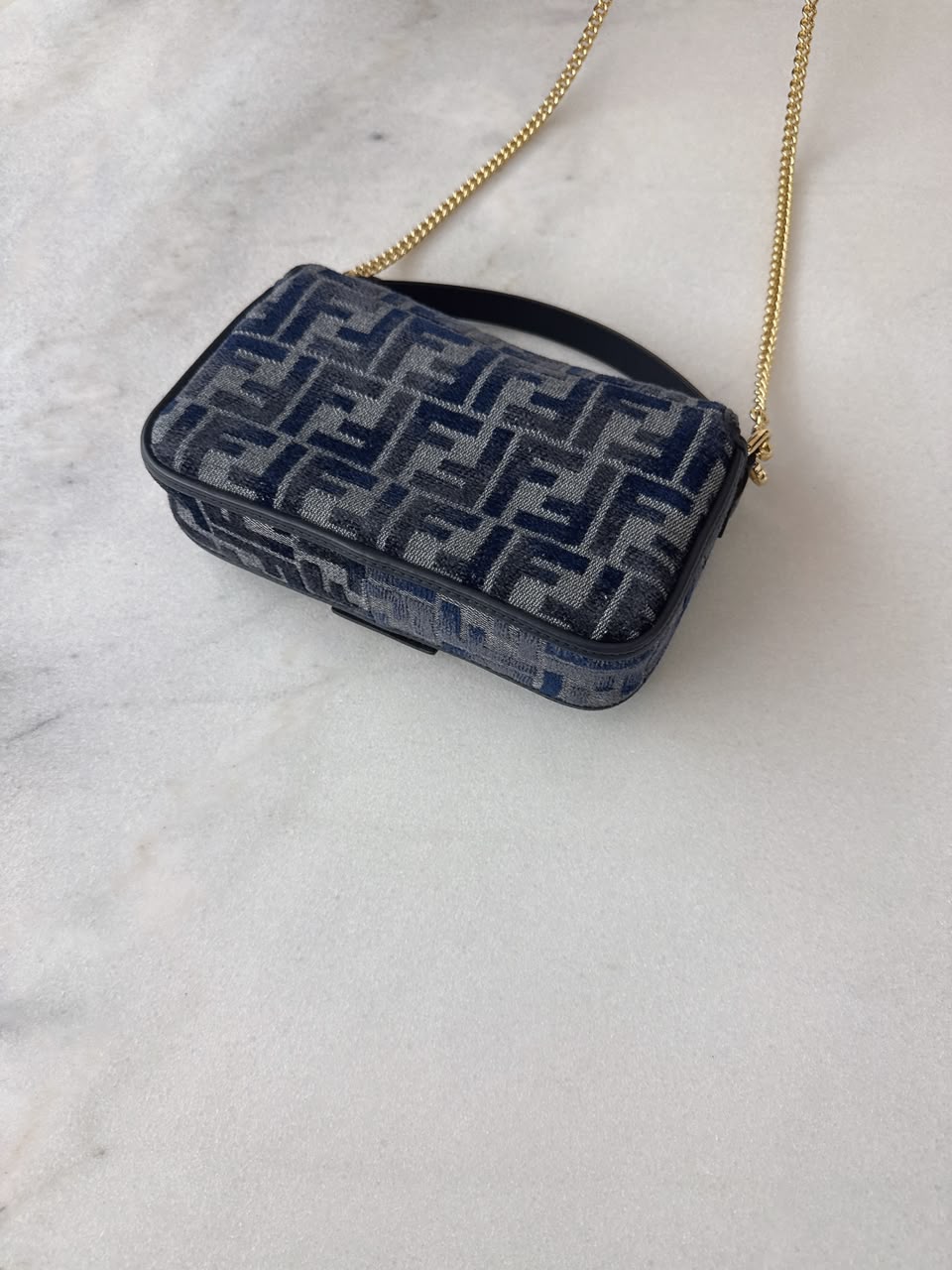 DARK BLUE DENIM EFFECT JACQUARD FF PRINT BAGUETTE  MINI BAG