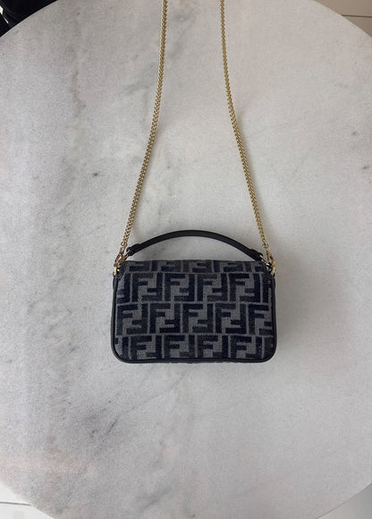 DARK BLUE DENIM EFFECT JACQUARD FF PRINT BAGUETTE  MINI BAG