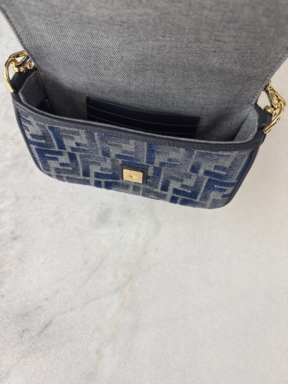 DARK BLUE DENIM EFFECT JACQUARD FF PRINT BAGUETTE  MINI BAG