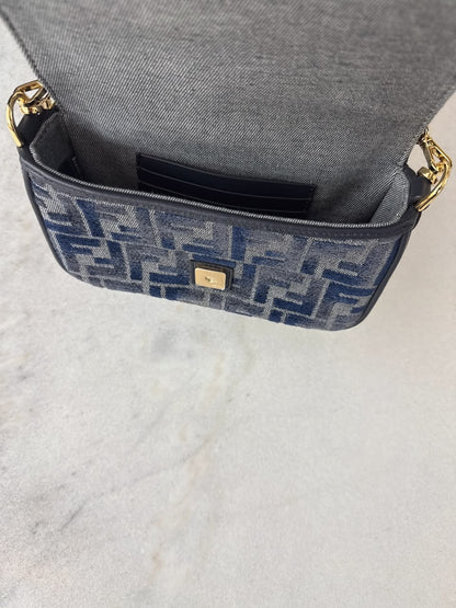 DARK BLUE DENIM EFFECT JACQUARD FF PRINT BAGUETTE  MINI BAG