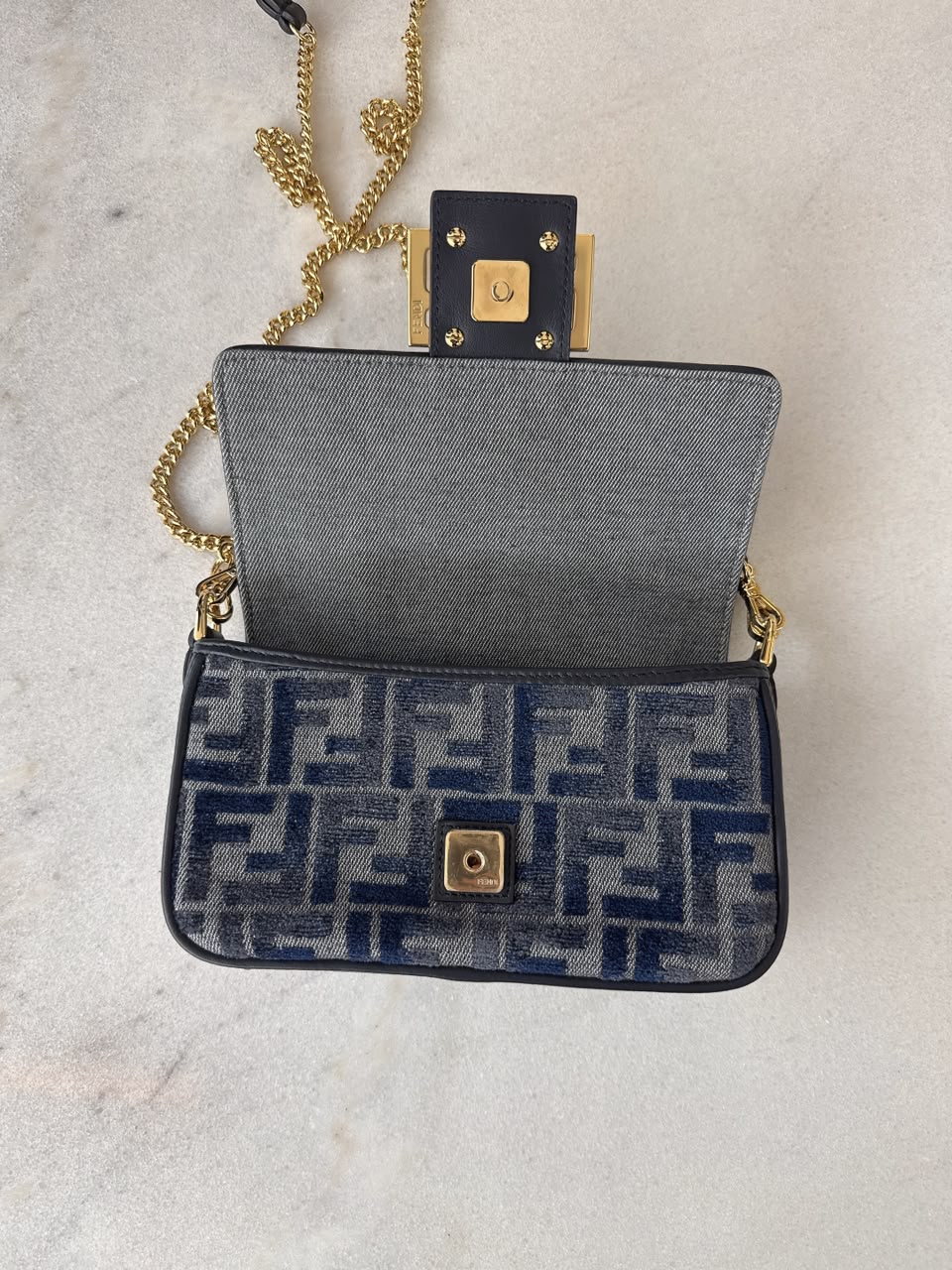 DARK BLUE DENIM EFFECT JACQUARD FF PRINT BAGUETTE  MINI BAG