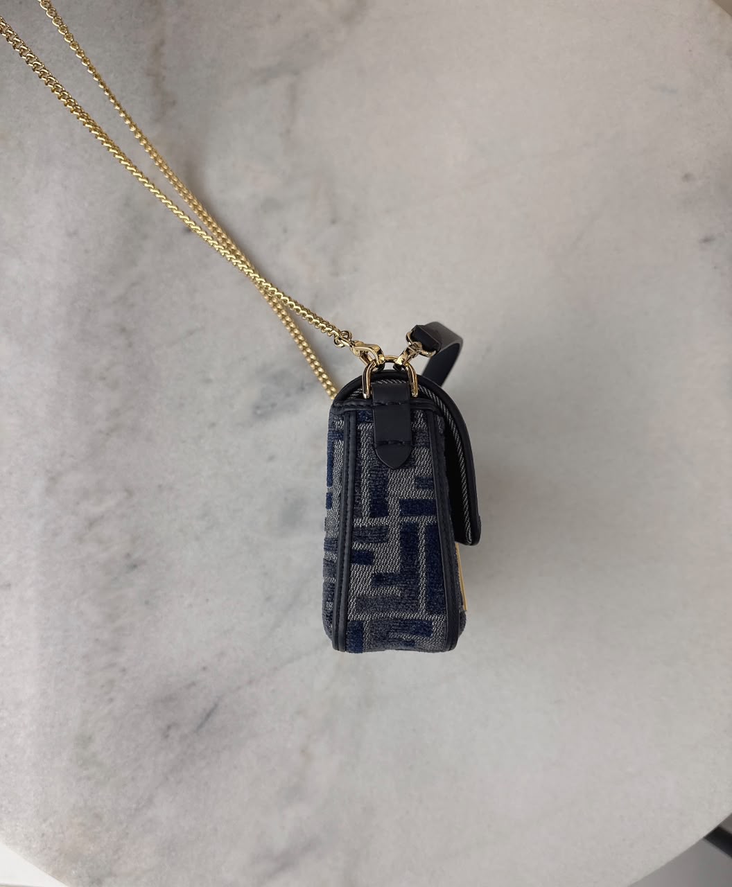 DARK BLUE DENIM EFFECT JACQUARD FF PRINT BAGUETTE  MINI BAG