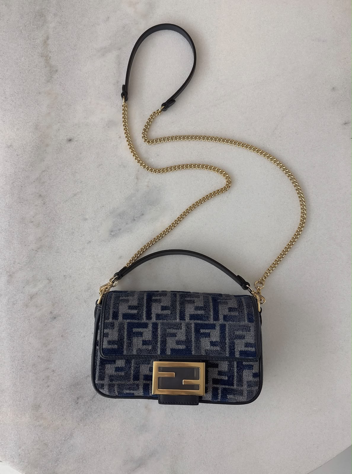 DARK BLUE DENIM EFFECT JACQUARD FF PRINT BAGUETTE  MINI BAG