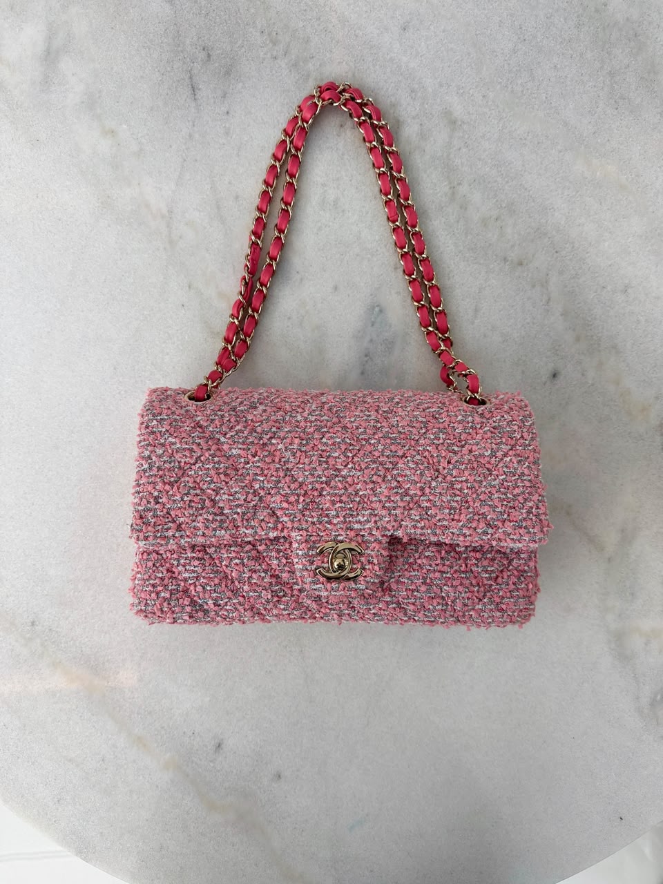 PINK TWEED MEDIUM CLASSIC DOUBLE FLAP BAG