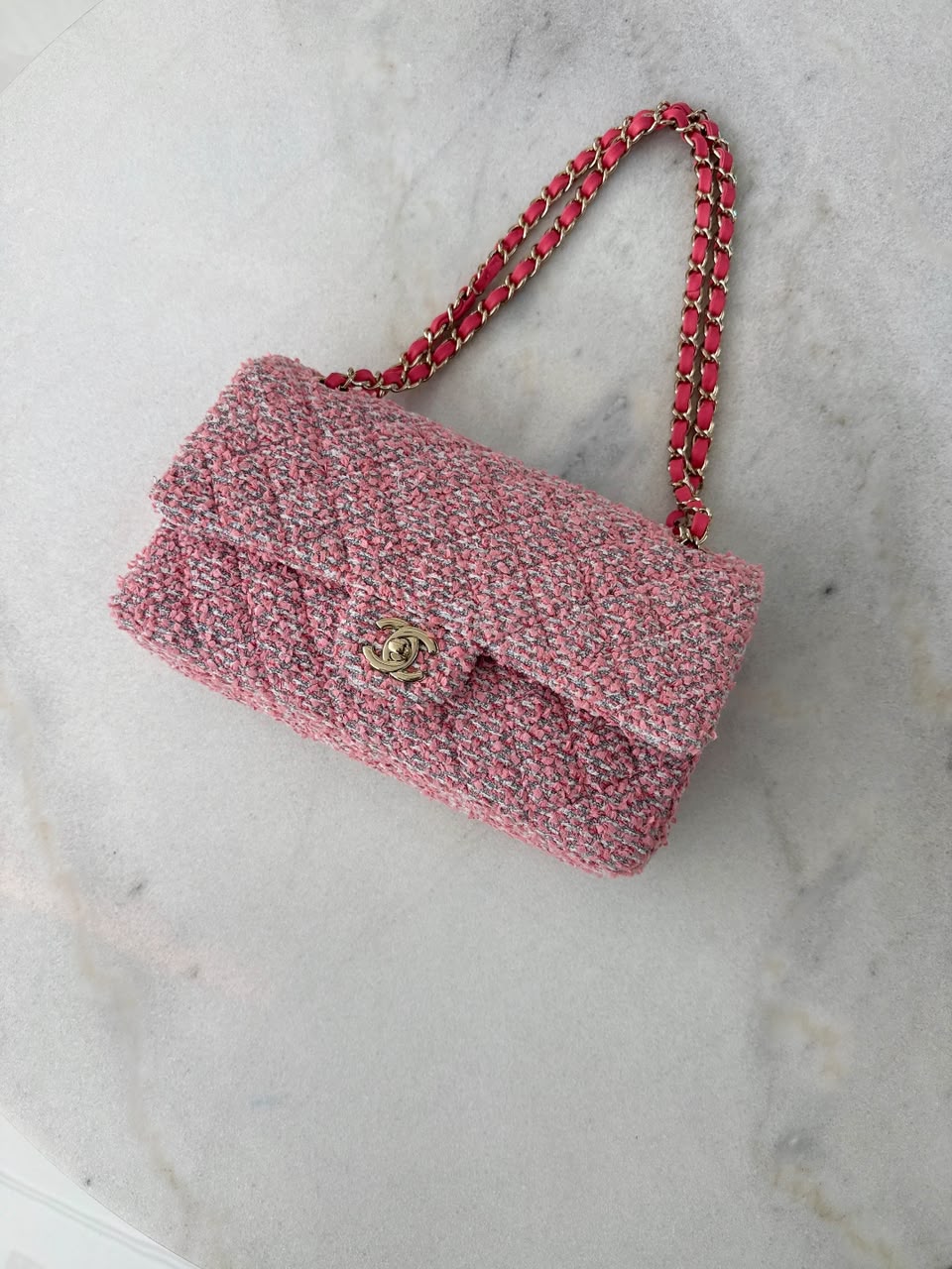 PINK TWEED MEDIUM CLASSIC DOUBLE FLAP BAG
