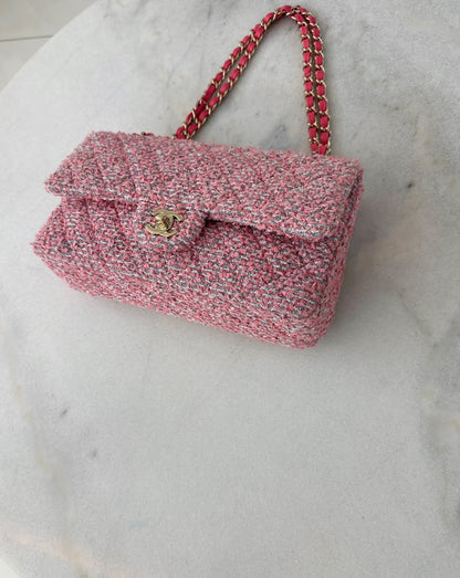PINK TWEED MEDIUM CLASSIC DOUBLE FLAP BAG