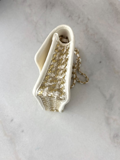 GOLD AND WHITE METALLIC LAMBSKIN VISCOSE WOVEN MEDIUM FLAP  BAG