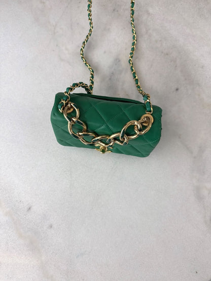 GREEN LAMBSKIN QUILTED COLOR MATCH MINI FLAP BAG GOLD HARDWARE