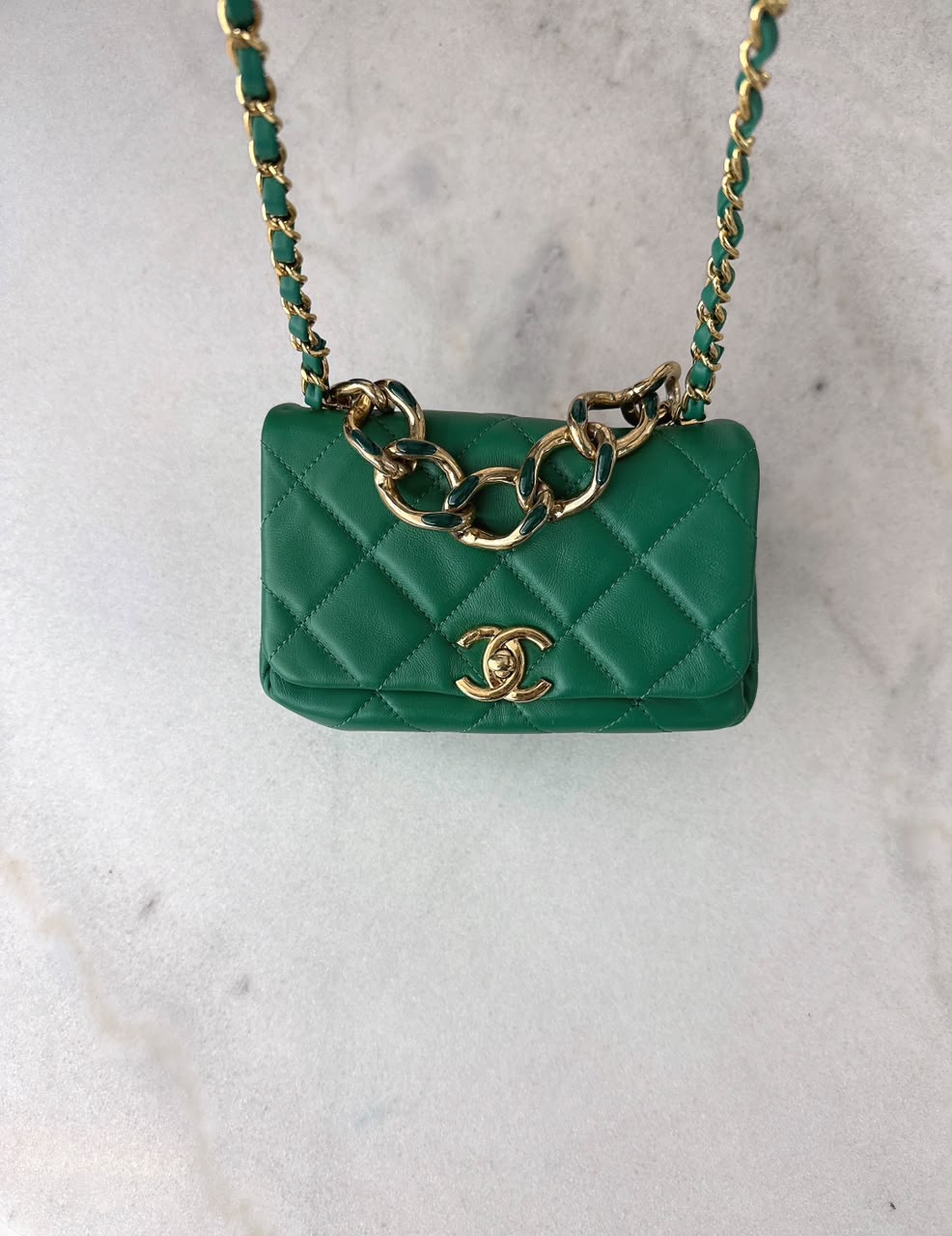 GREEN LAMBSKIN QUILTED COLOR MATCH MINI FLAP BAG GOLD HARDWARE