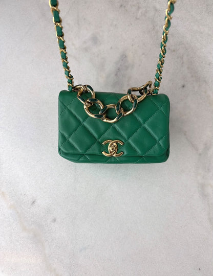 GREEN LAMBSKIN QUILTED COLOR MATCH MINI FLAP BAG GOLD HARDWARE