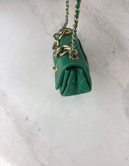 GREEN LAMBSKIN QUILTED COLOR MATCH MINI FLAP BAG GOLD HARDWARE