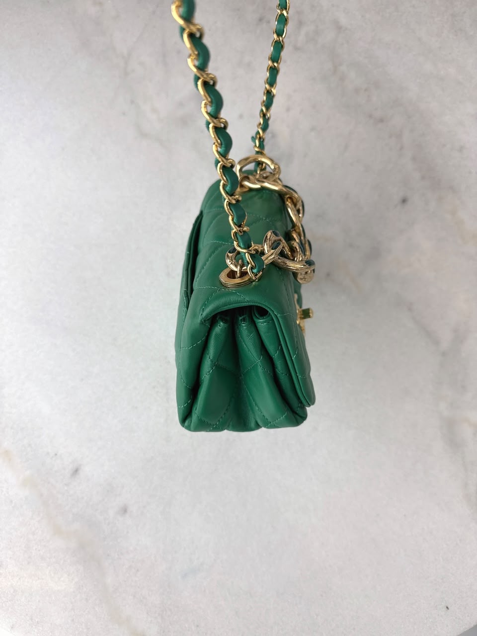 GREEN LAMBSKIN QUILTED COLOR MATCH MINI FLAP BAG GOLD HARDWARE