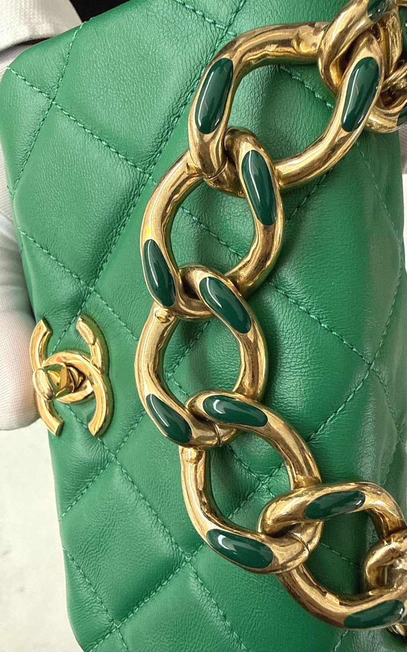 GREEN LAMBSKIN QUILTED COLOR MATCH MINI FLAP BAG GOLD HARDWARE