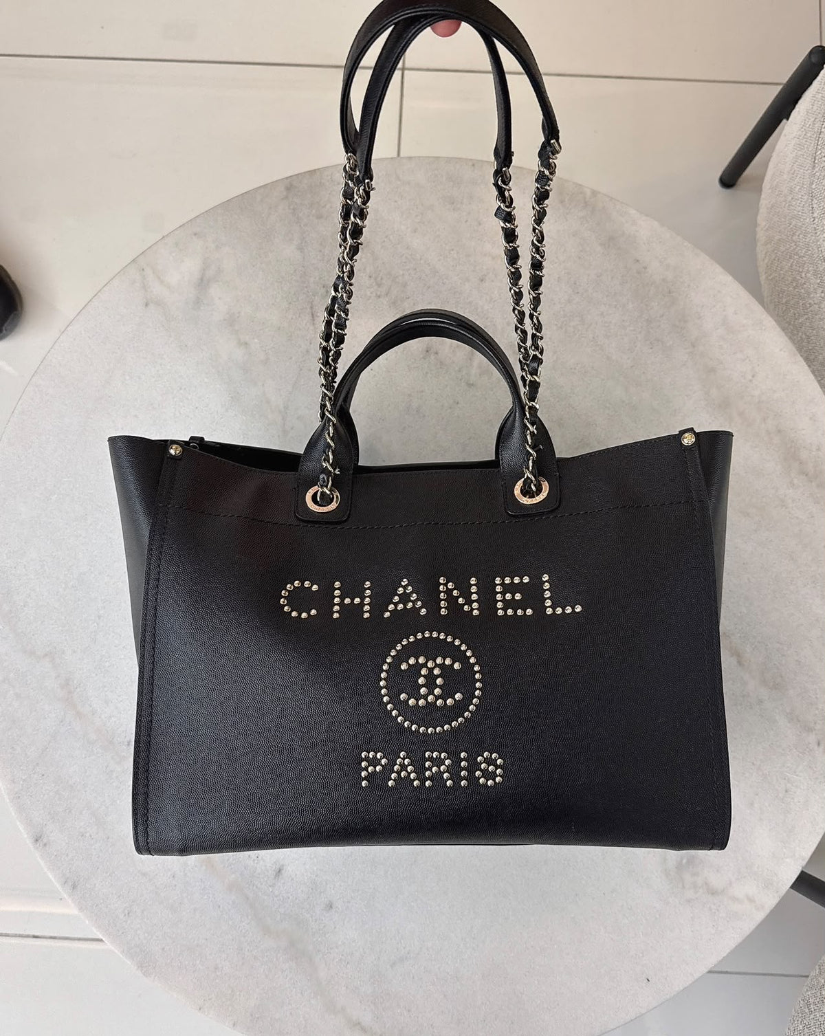 BLACK CAVIAR STUDDED LARGE DEAUVILLE TOTE BAG