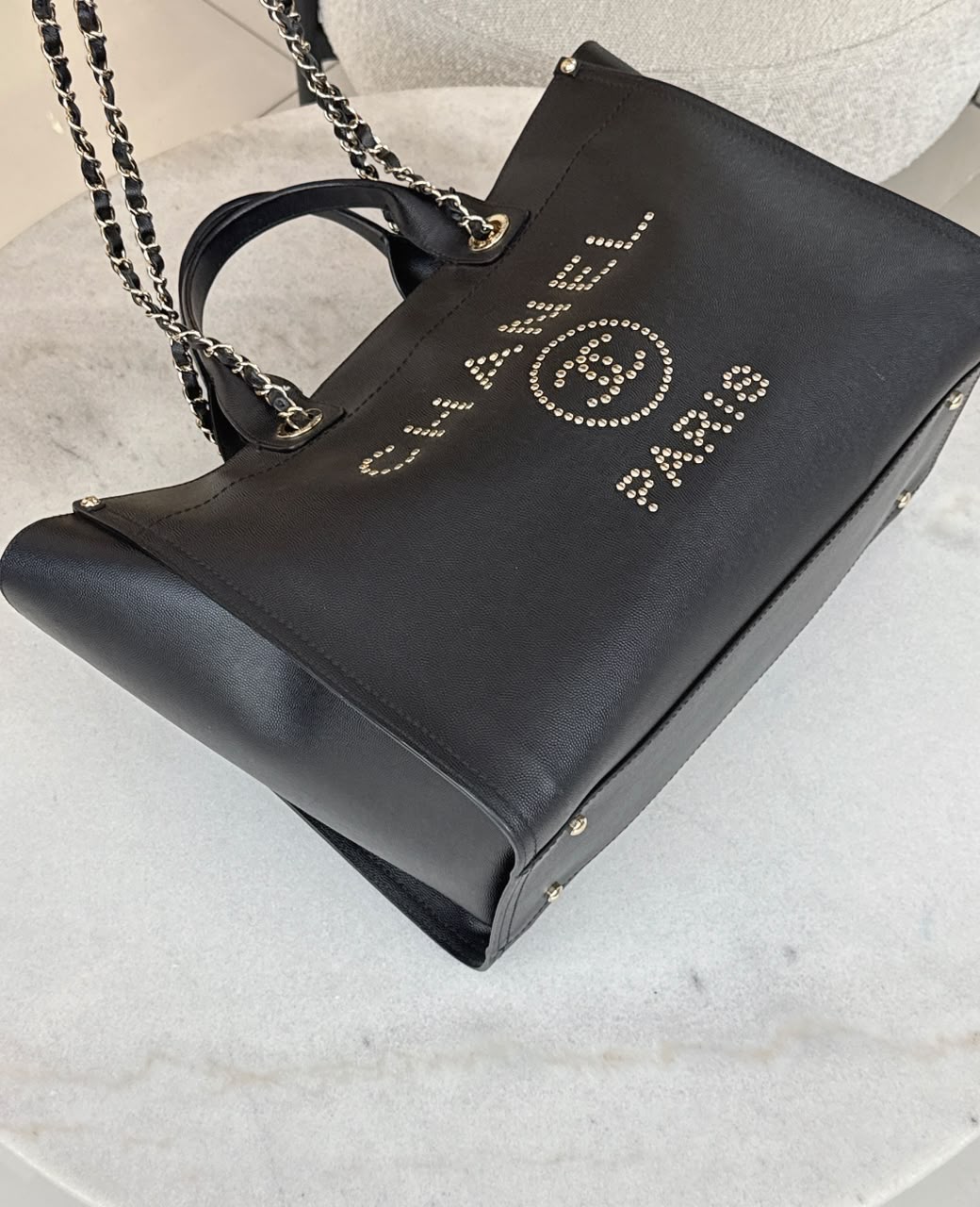 BLACK CAVIAR STUDDED LARGE DEAUVILLE TOTE BAG