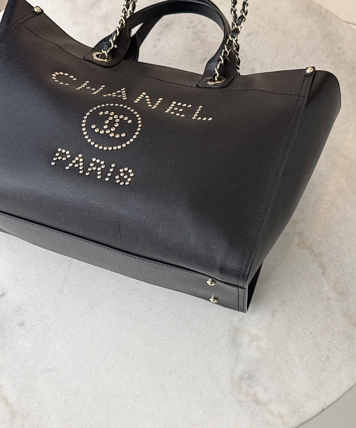 BLACK CAVIAR STUDDED LARGE DEAUVILLE TOTE BAG