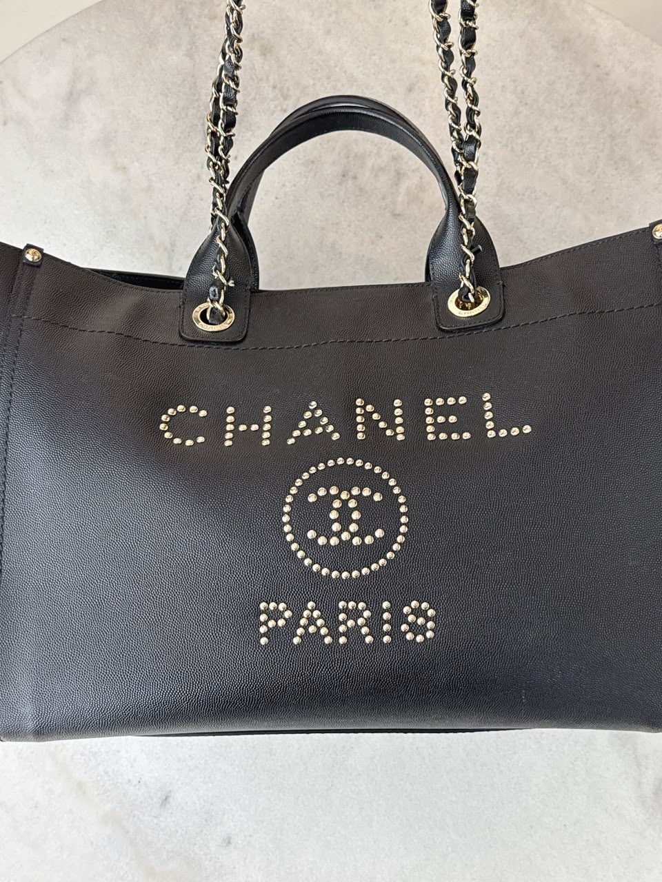BLACK CAVIAR STUDDED LARGE DEAUVILLE TOTE BAG