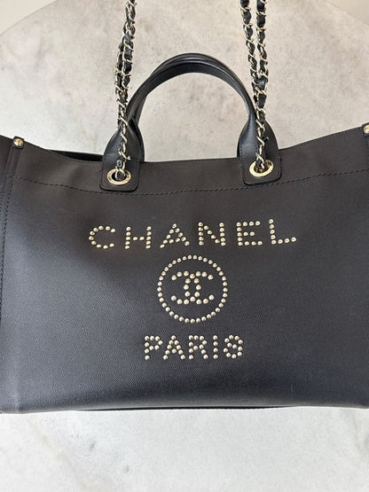 BLACK CAVIAR STUDDED LARGE DEAUVILLE TOTE BAG
