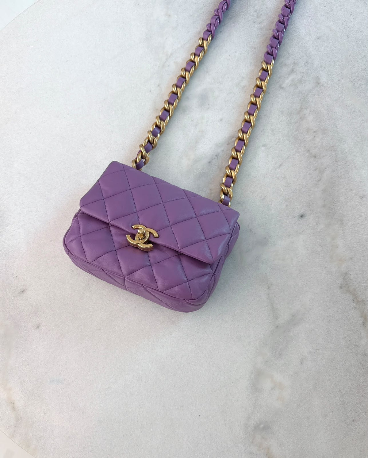 PURPLE LAMBSKIN LEATHER MINI CANDY CHAIN FLAP BAG