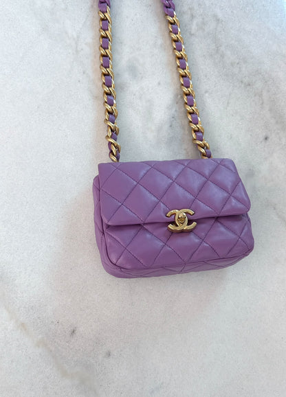 PURPLE LAMBSKIN LEATHER MINI CANDY CHAIN FLAP BAG
