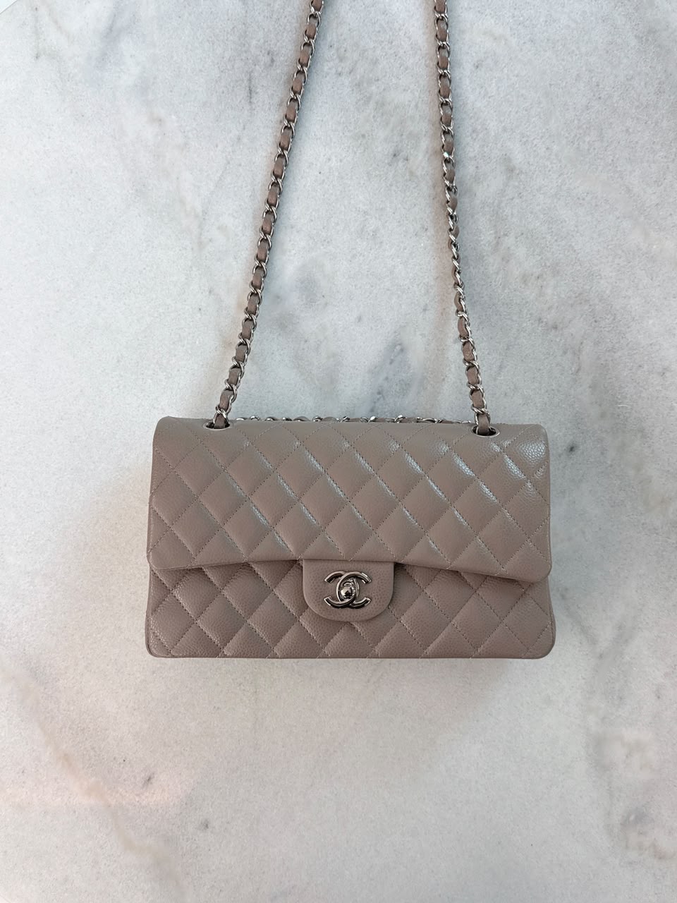 BEIGE TAUPE CAVIAR LEATHER MEDIUM CLASSIC DOUBLE FLAP HANDBAG
