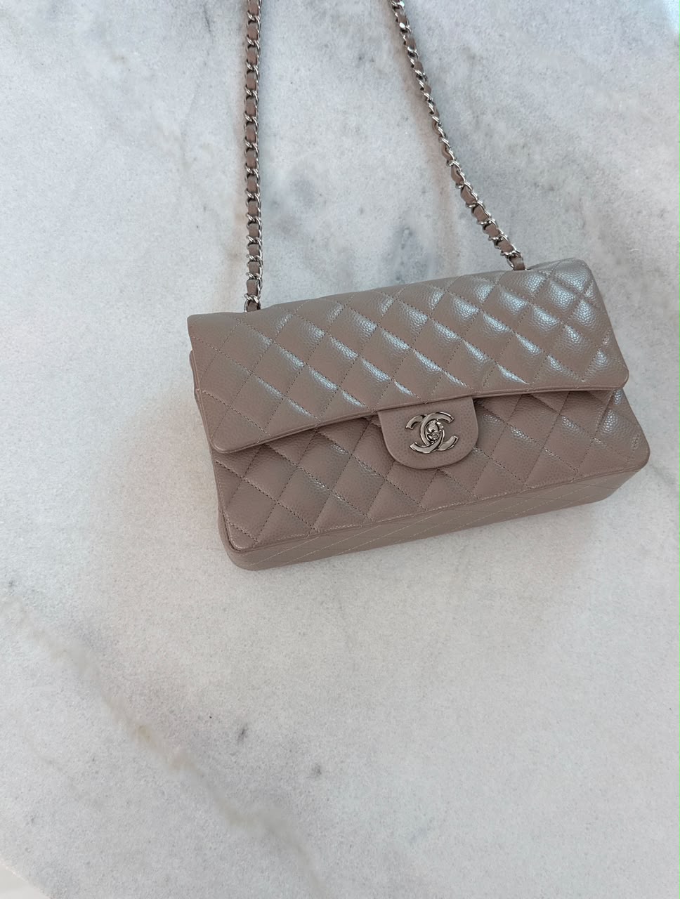 BEIGE TAUPE CAVIAR LEATHER MEDIUM CLASSIC DOUBLE FLAP HANDBAG
