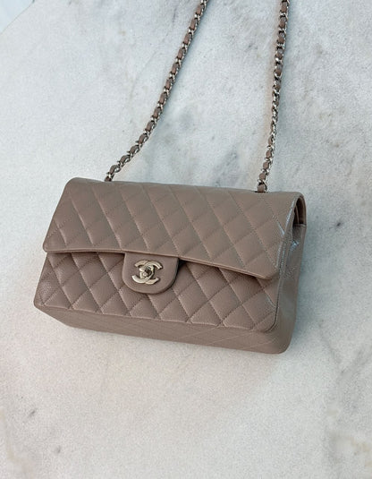 BEIGE TAUPE CAVIAR LEATHER MEDIUM CLASSIC DOUBLE FLAP HANDBAG