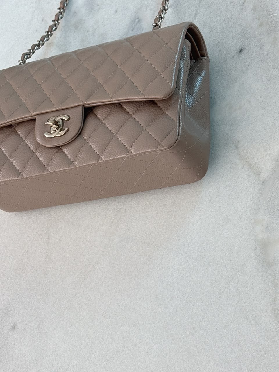 BEIGE TAUPE CAVIAR LEATHER MEDIUM CLASSIC DOUBLE FLAP HANDBAG
