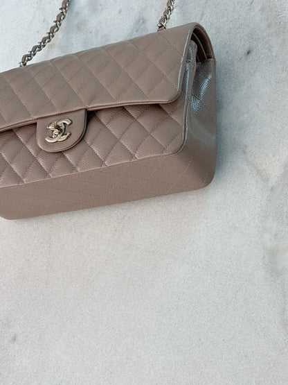 BEIGE TAUPE CAVIAR LEATHER MEDIUM CLASSIC DOUBLE FLAP HANDBAG