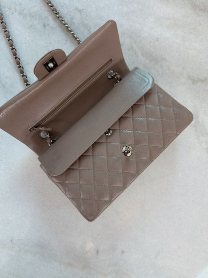 BEIGE TAUPE CAVIAR LEATHER MEDIUM CLASSIC DOUBLE FLAP HANDBAG