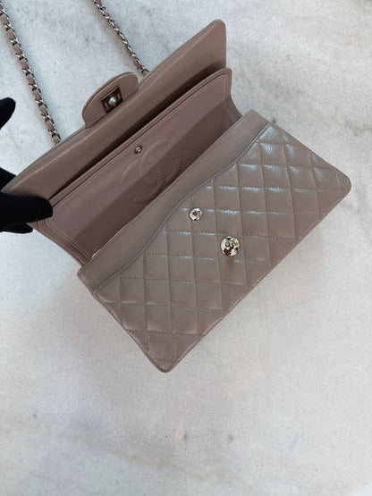 BEIGE TAUPE CAVIAR LEATHER MEDIUM CLASSIC DOUBLE FLAP HANDBAG