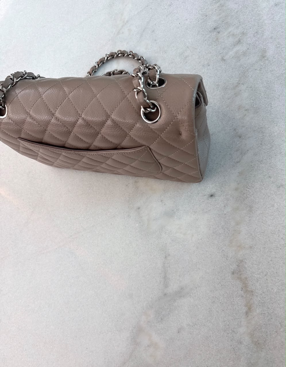 BEIGE TAUPE CAVIAR LEATHER MEDIUM CLASSIC DOUBLE FLAP HANDBAG