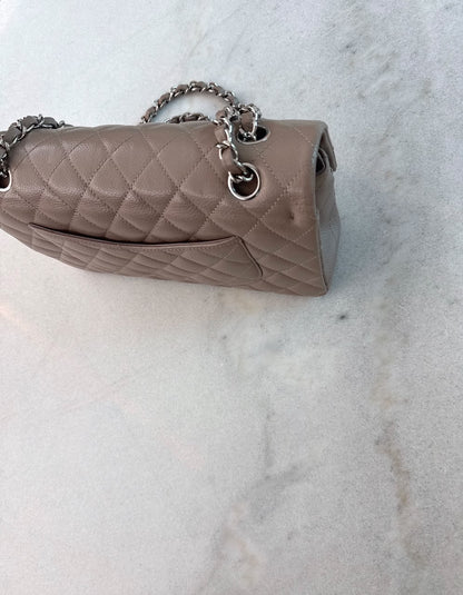 BEIGE TAUPE CAVIAR LEATHER MEDIUM CLASSIC DOUBLE FLAP HANDBAG